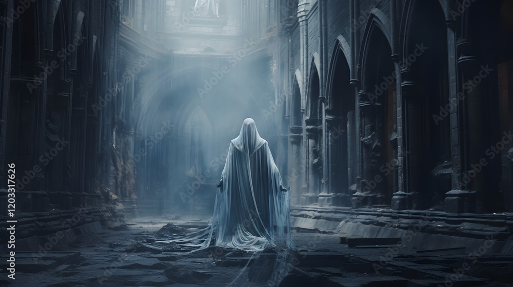 Poster haunting image of a chilling ghostly apparition floating through the ruins of an ancient crumbling m