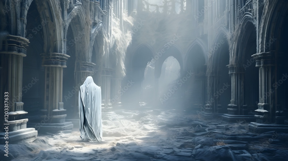 Poster mysterious and ethereal ghost entity floating through the decaying ruins of an ancient gothic cathed
