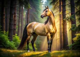 Naklejka premium Drone photography reveals a breathtaking portrait: a buckskin Akhal-Teke stallion, majestic in a forest setting.