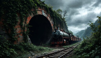 An antique steam train emerges from a dark, overgrown brick tunnel, a journey into the depths of a lush, mysterious jungle landscape under a brooding sky