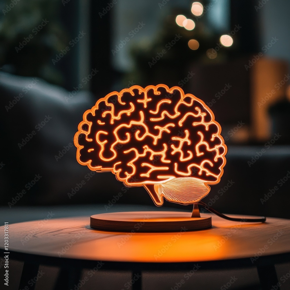Poster illuminated brain-shaped puzzle on modern table macro shot capturing neuroplasticity warm light envi
