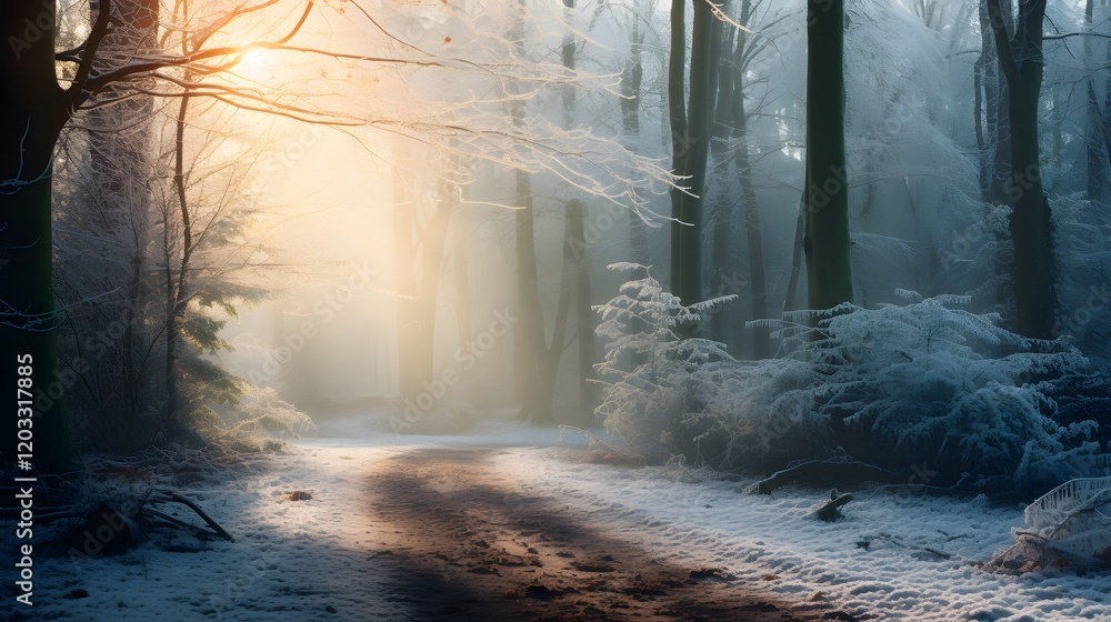 Aufkleber enchanting winter forest path illuminated by soft golden sunlight filtering through the frosted tree