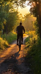 Fototapeta premium Cyclist riding on winding country path at dusk warm golden light exploration mood serene landscape