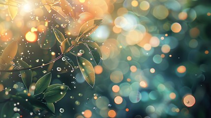 Leaves with sparkling light bubbles and bokeh, photorealistic and minimal style