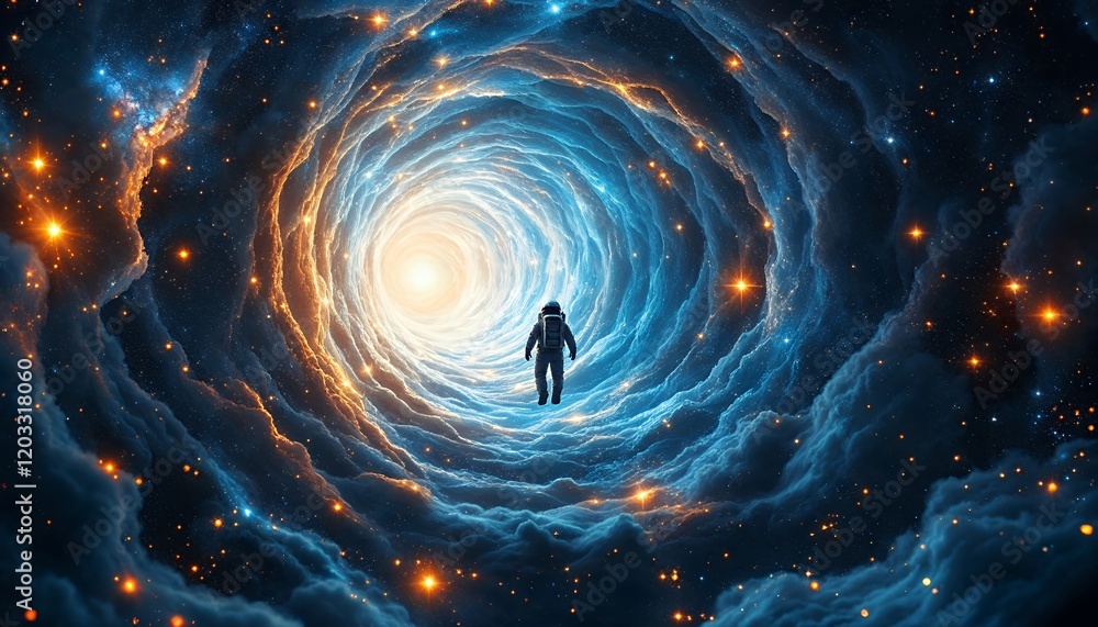 Poster astronaut floating through a luminous cosmic tunnel of stars and nebulae: a surreal journey into the