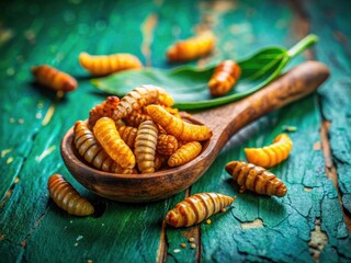 Naklejka premium Edible insect macro: silkworm pupa on spoon; high protein.