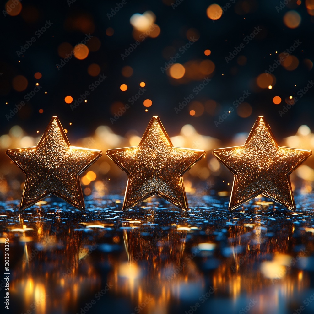 Poster row of glowing golden 3d stars icons symbolizing quality rating framed by holographic medals for cus