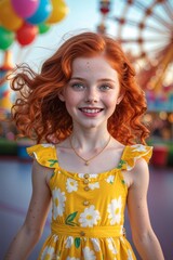 Young pretty redhead girl in a theme park 