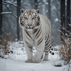 Fototapeta premium A white Bengal tiger walking through a snowy forest.