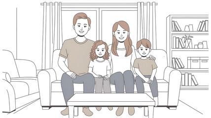 Illustration of a happy family, including parents and children, sitting on a cozy couch at home, surrounded by a warm and inviting living room ambiance. 