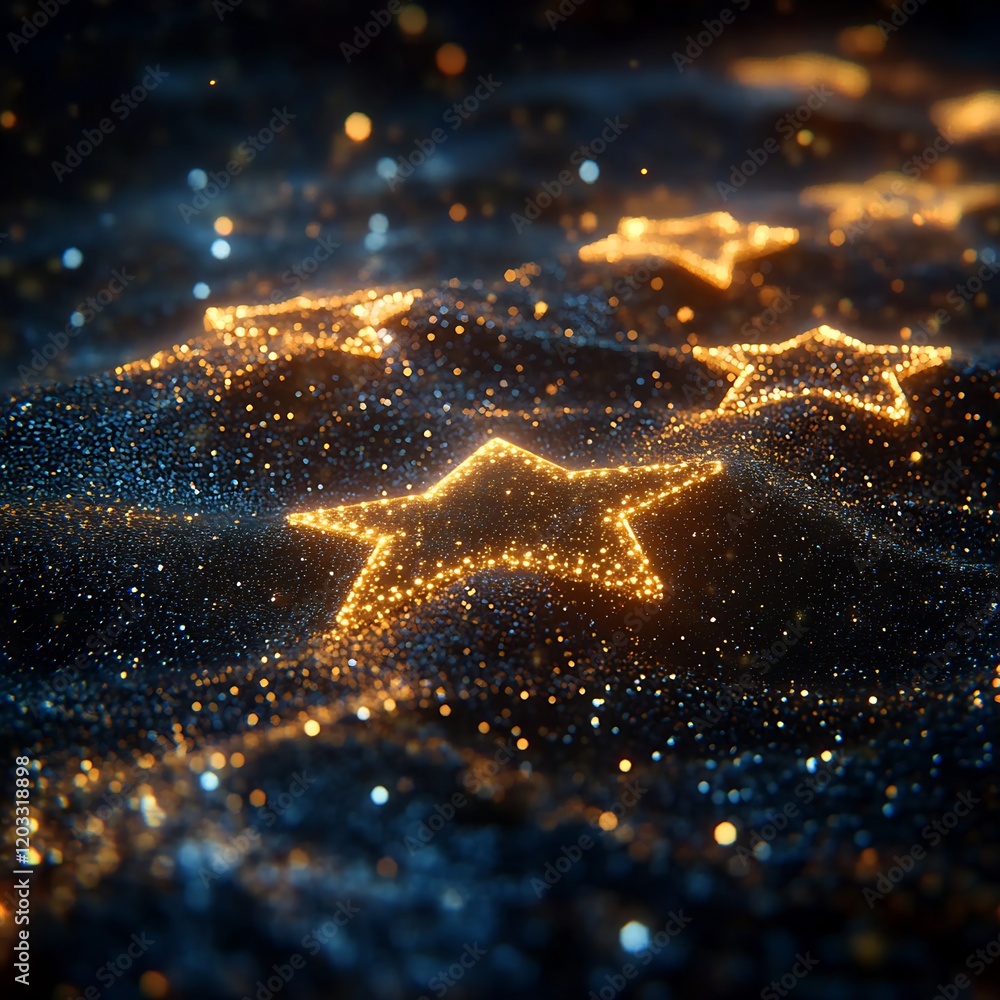 Poster row of glowing golden 3d stars icons symbolizing quality rating framed by holographic medals for cus