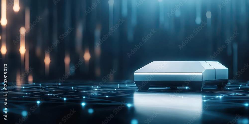 Poster futuristic device on a digital surface with glowing elements.