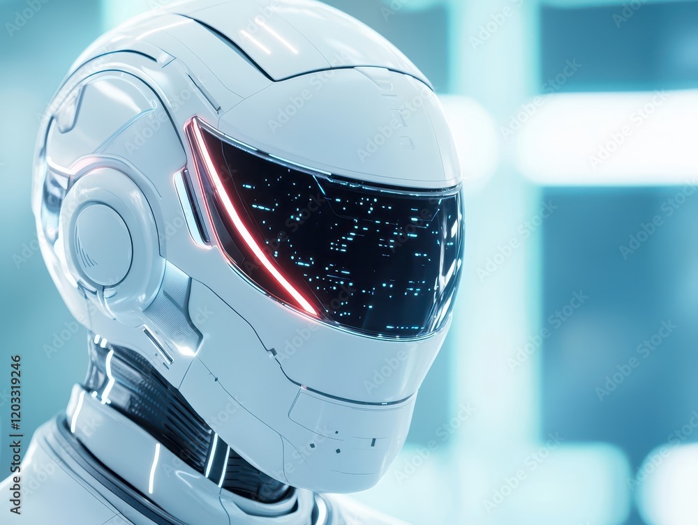 Aufkleber futuristic robot with glowing visor in a high-tech setting.