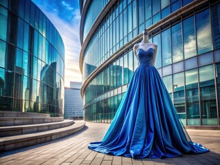 Naklejka premium Festive architectural setting frames a stylish blue-grey dress in a captivating front view.