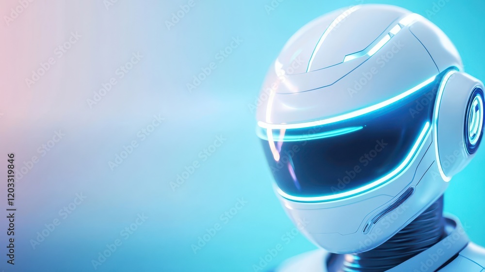 Poster futuristic robot helmet with glowing accents against a soft gradient background.