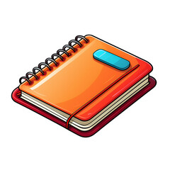 Orange Notebook: A closed orange notebook with a red band and a blue bookmark. The notebook has a spiral binding and is illustrated in a cartoon style. 