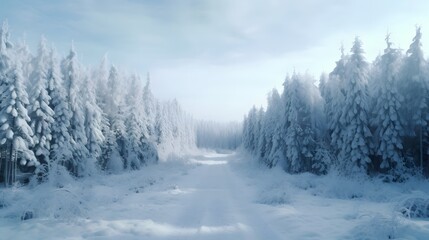 Picturesque snowy winding road cutting through a dense lush pine forest landscape  Tranquil winter scene with snow covered trees and a serene peaceful atmosphere