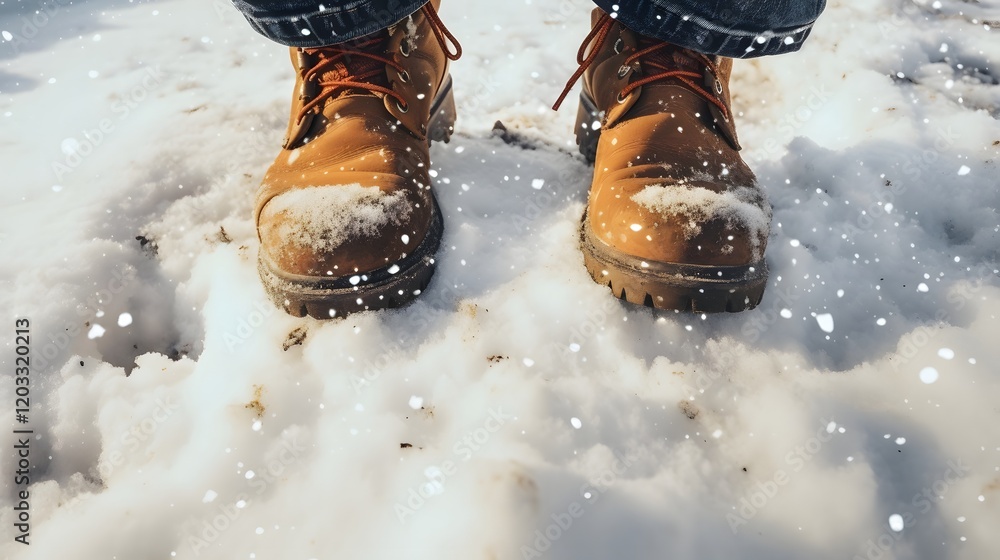 Poster closeup of boots crunching through a fresh layer of pristine powdery snow in a serene wintry landsca