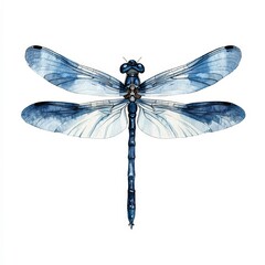 Vibrant blue dragonfly with intricate wing patterns on a white background