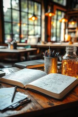 Open notebook, sketches, pens, cafe setting.