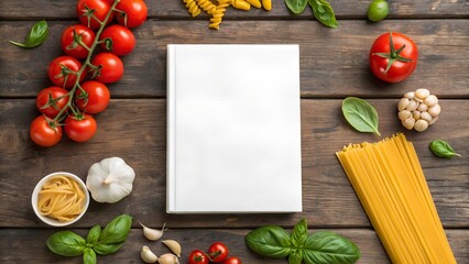 A blank white book cover mockup surrounded by fresh tomatoes, garlic, basil, pasta, and spices on a rustic wooden table, ideal for cookbook designs.