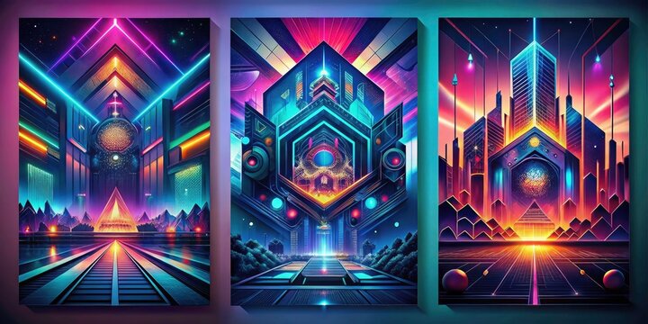 Gradient-warped architecture.  Psychedelic EDM explodes. Techno festival. Get lost in the rhythm.