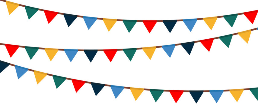 Colorful festive flags garlands in flat style. Decoration for birthday, carnival, party, circus performance. Vector illustration