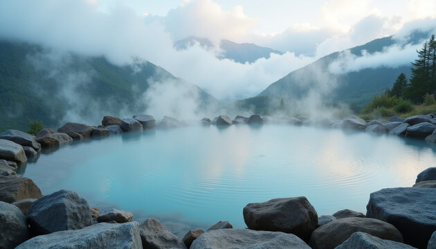 Mountain hot spring offers tranquil retreat amidst misty valleys and rocky landscapes at dawn