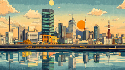 江戸時代の浮世絵風に描かれた現代のビル群