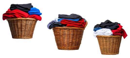 Wicker Laundry Baskets Filled with Folded Clothes Isolated on PNG Background