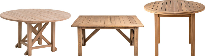 Three teak wood outdoor tables isolated on transparent background, a round extending table, a square table, and a small round side table. Perfect for garden, patio or terrace. 
