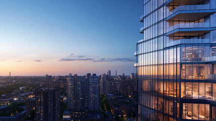 Night cityscape close-up of illuminated modern glass skyscrapers