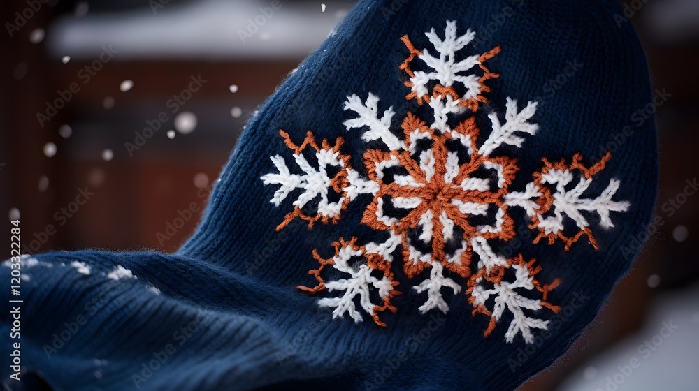 Poster a close up view of a woolen mitten gently holding a delicate intricate snowflake against a soft whit