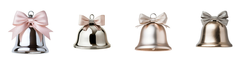Elegant metallic Christmas bells in different sizes and colors such as silver gold and pink hanging against a plain white background