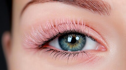 Obraz premium Close-up of eye with pink eyelash extensions. Beauty, makeup, cosmetic procedure