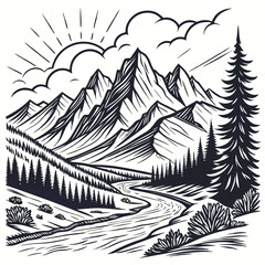  Hand-Drawn Black and White Woodcut Mountain Landscape Illustrations