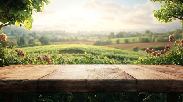 Rustic wood podium set against a vibrant green field and farm backdrop serving as an empty mockup platform for showcasing animals or agricultural products in a serene landscape