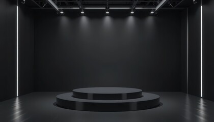 Empty stage with black backdrop and spotlight in modern auditorium for performance or presentation