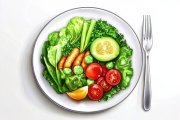 A detailed illustration of a clean eating lunch, featuring fresh vegetables, lean proteins