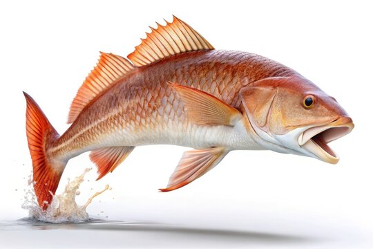 Isolated red drum fish jump; pristine white background.  High-resolution stock photo ideal for culinary use.