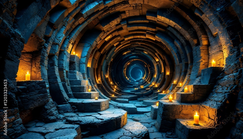 Poster Enigmatic Spiral Tunnel of Stone and Light: A 3D Render of a Mystical Underground Passage Illuminated by Glowing Candles, Creating a Sense of Depth and Wonder
