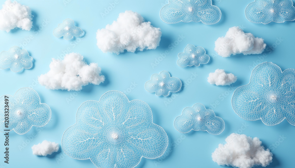 Poster delicate clouds float on a serene blue backdrop, blending whimsy with tranquility in a dreamy sky se