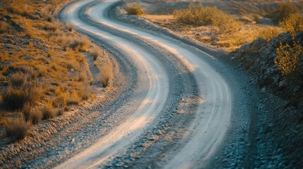 The gravel road winds gracefully through the rural landscape, its dusty surface and curved path.