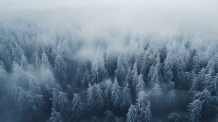 Stunning aerial panoramic view of a serene snow covered forest landscape in the winter  The scene showcases the tranquil beauty of the natural environment