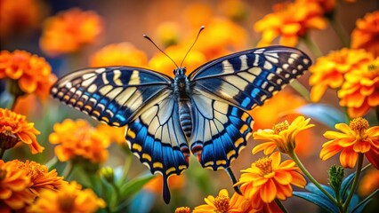 Low light reveals the beauty of an Orange & Blue Swallowtail butterfly gracefully feeding on sunny yellow flowers.