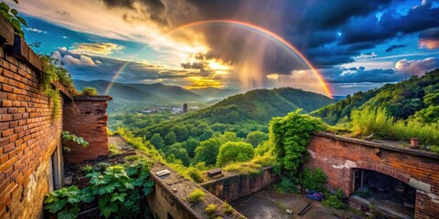 Obraz premium Lush green mountains meet urban exploration; sunbeams paint a rainbow across the scene.