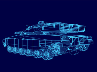 Blue tank wireframe. The tank is drawn in a stylized way, with a focus on the front and back. The tank is designed to look like a futuristic weapon, with a sleek