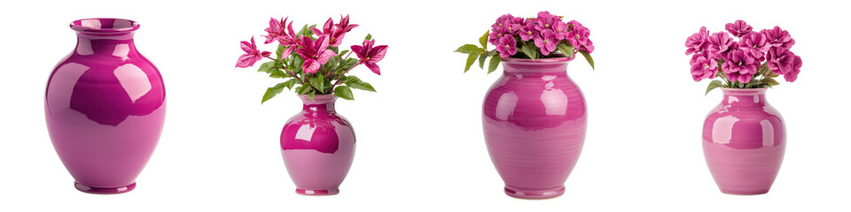 Elegant and lush fuschia hued floral bouquet consisting of hydrangeas blooming in a decorative ceramic vase bringing a touch of natural beauty and vibrant sophistication to an indoor space