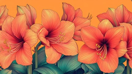 Obraz premium Vibrant orange amaryllis flowers in full bloom against a bright background, showcasing nature's beauty