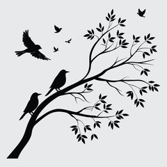 Bird's and branch  image silhouette vector art and illustration